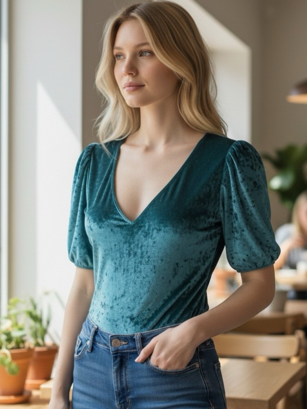 Intimately Free People Women's L Teal burn velvet Bodysuit Puff Sleeve V-Neck
